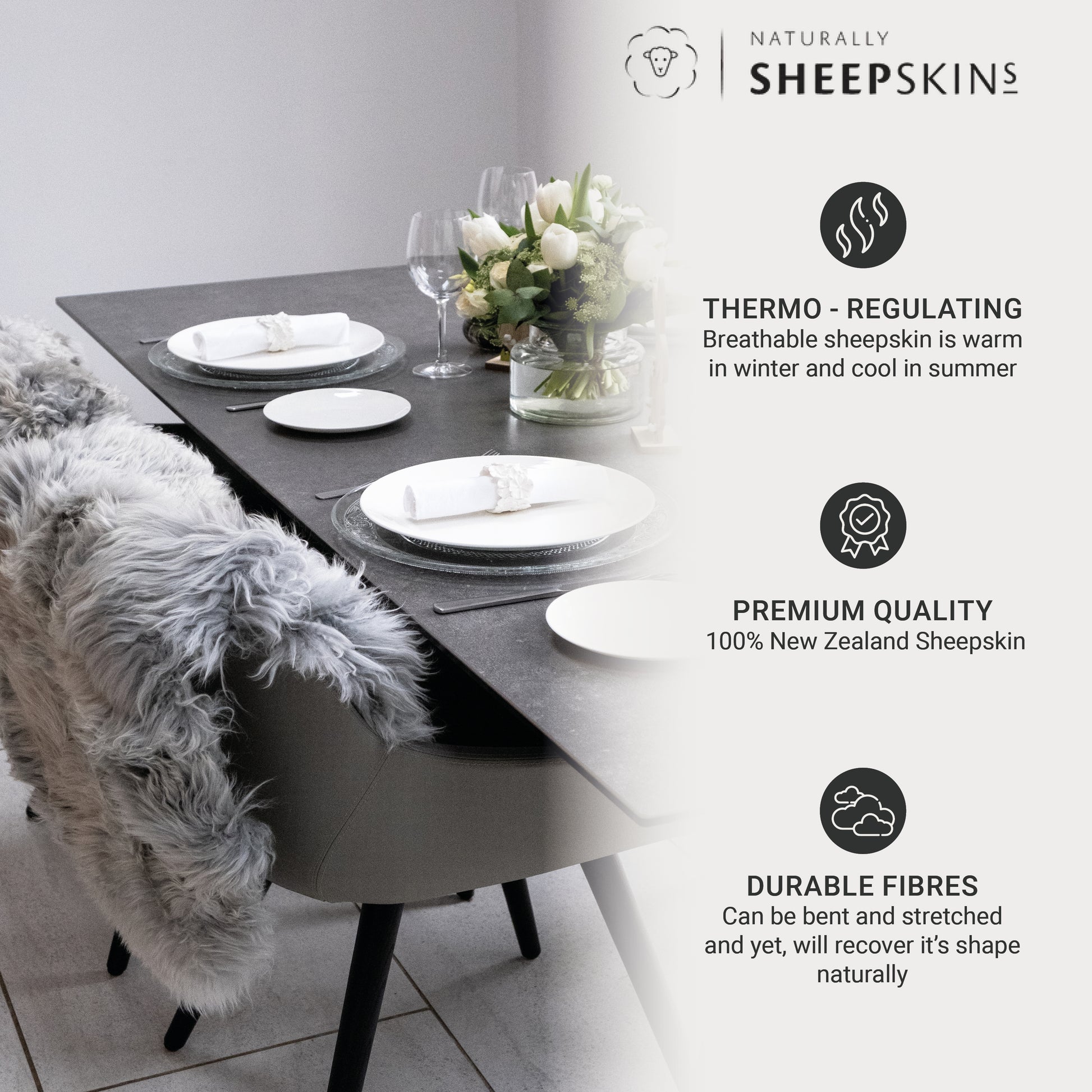 silver grey long wool sheepskin rug infographic